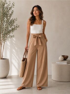 Active USA Wide Leg Tie Waist Pants | High Rise Tan Trousers